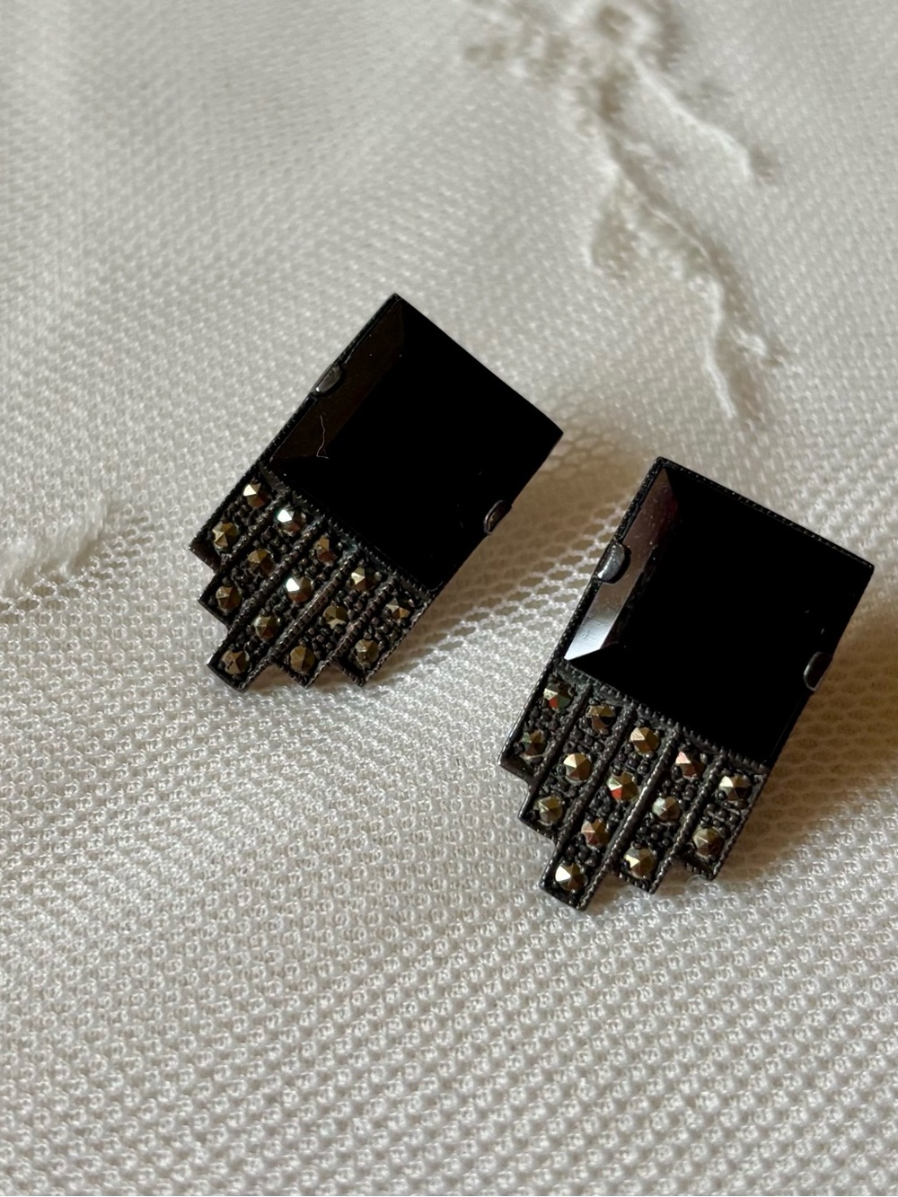 Vintage Sterling Silver Black Onyx Post Earrings-Marcasites-Art Deco